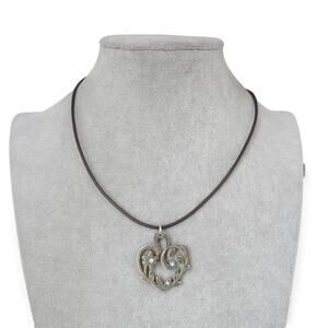 Brighton Reversible Heart Pendant Necklace Brown Leather Cord Retired Silver